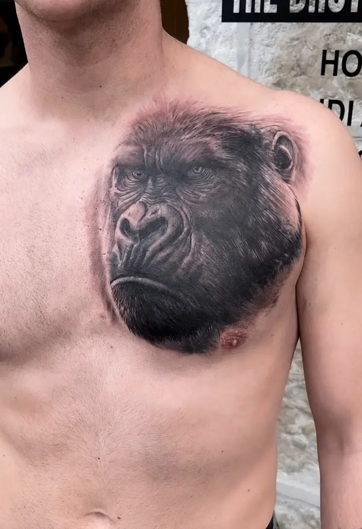 tatouage cover after gorille réalisme, réalisé par daddink au salon LA FRATRIE TATTOO à Nice