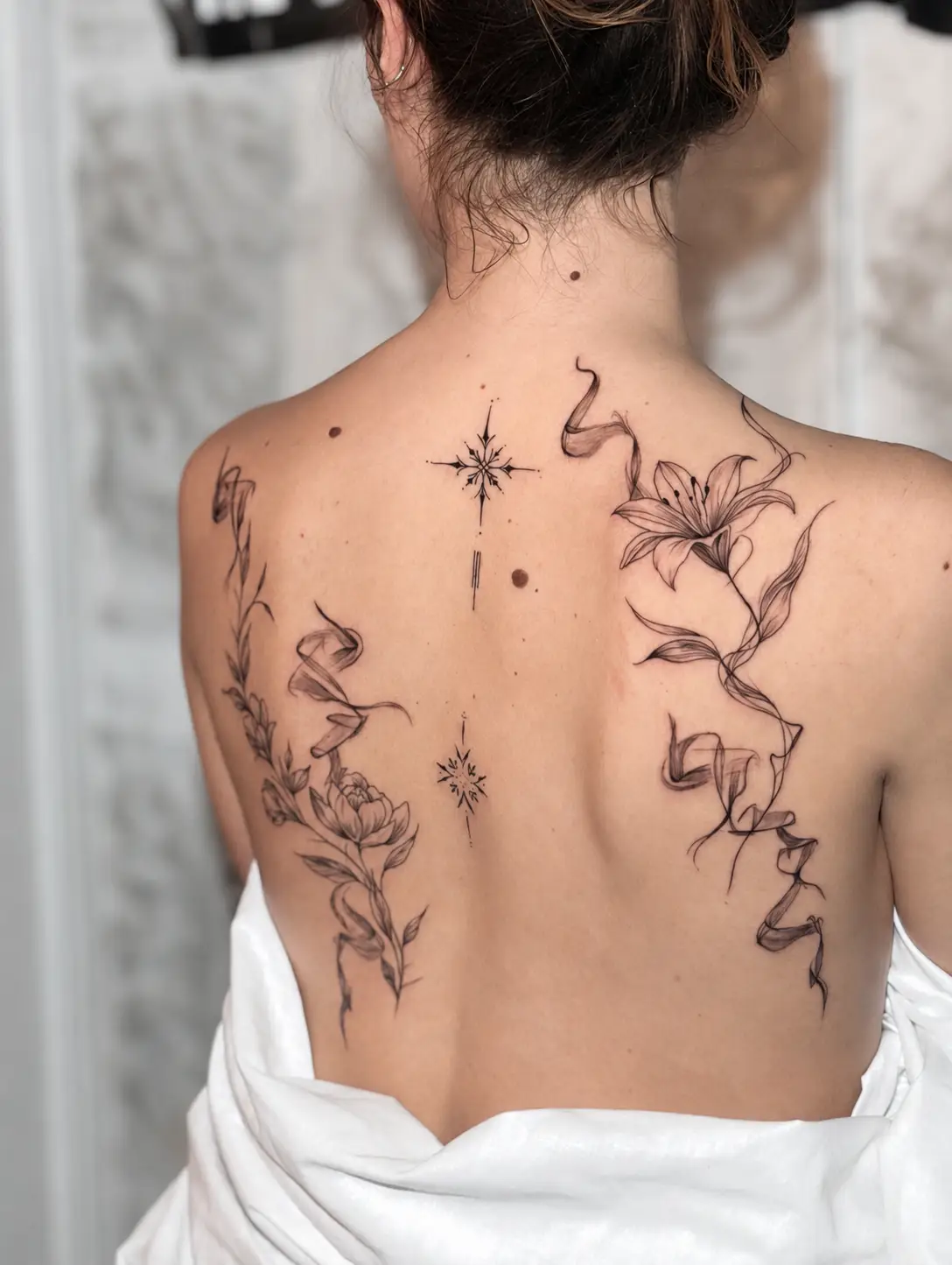 tatouage floral fineline, réalisé par samothink au salon LA FRATRIE TATTOO à Nice